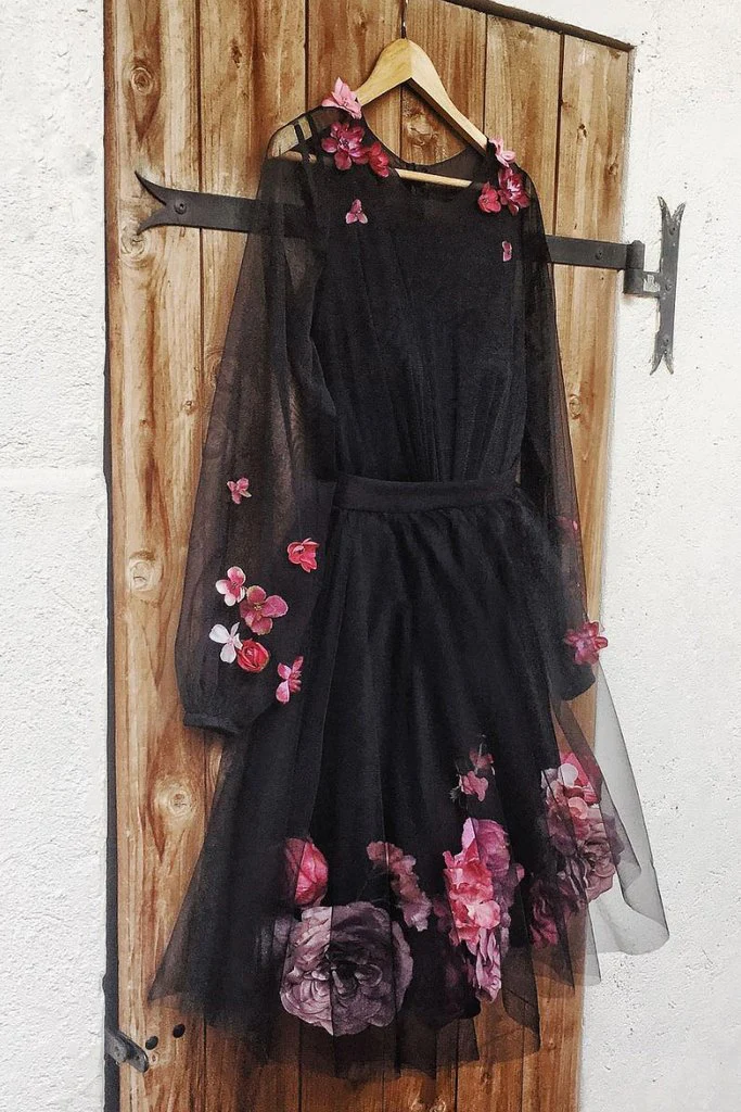 Black round neck tulle short dress, black homecoming dress - VelvetHem