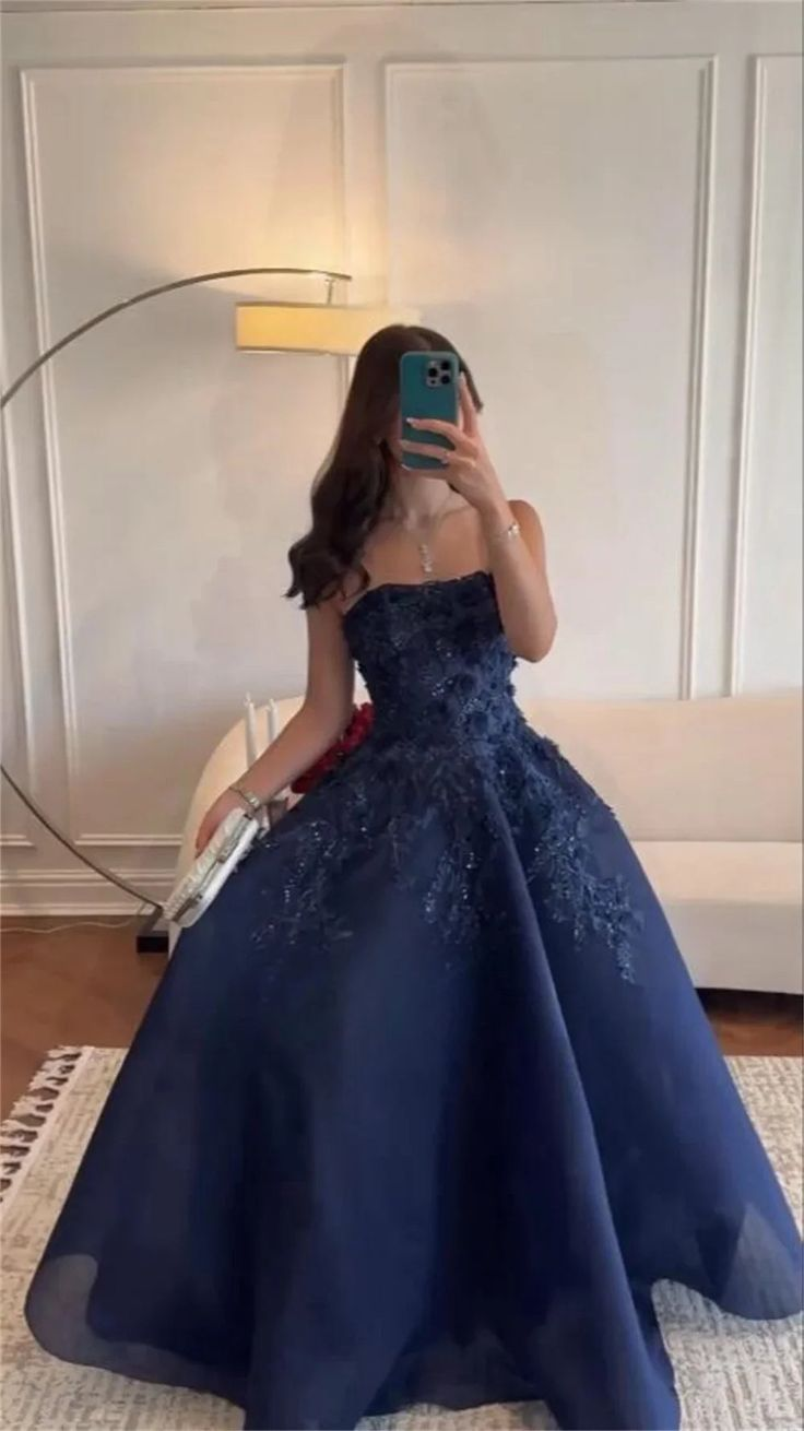 Gorgeous Navy Blue Strapless Appliques A Line Prom Dress Evening Dress Y8274 - VelvetHem