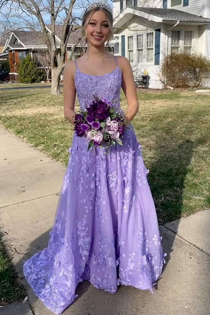 Pretty Lavender Spaghetti Straps A-Line 3D Lace Floral Long Prom Dress A Line Evening Dress Y7935 - VelvetHem