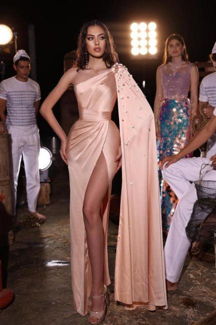 Peach One Shoulder Prom Dress Satin Floor Length Formal Dress With Slit