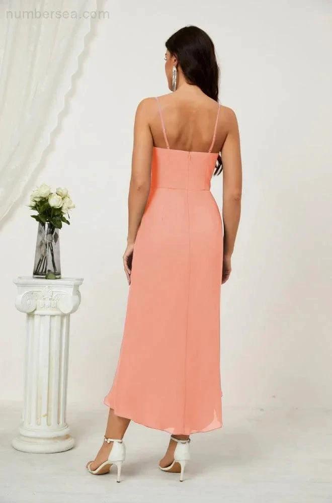 ZapDress Spaghetti Chiffon V Neck Bridesmaid Dress Mid-Length Slit Formal Prom Dress Homecoming Dress 2803 (ZD16952)