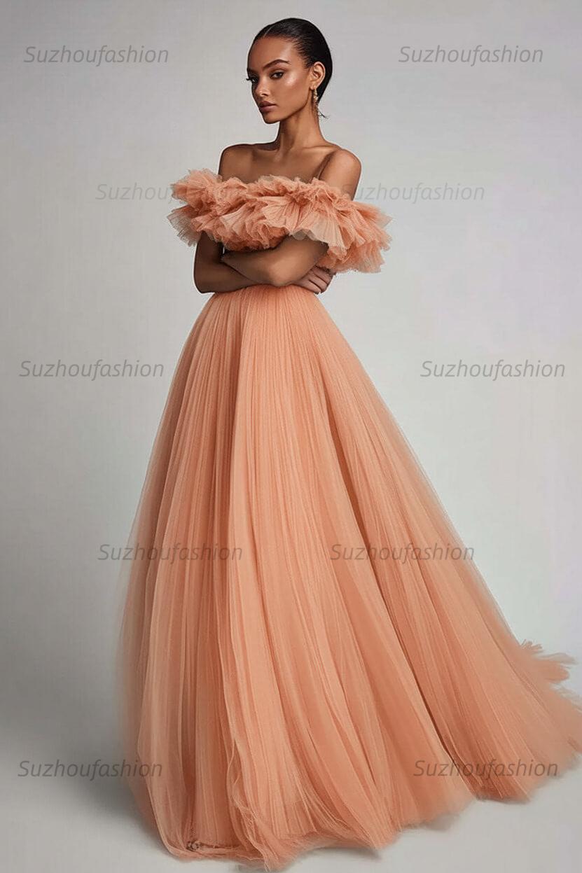 Dusty Sage Prom Dress Tulle A Line Long Formal Dress With Ruffles
