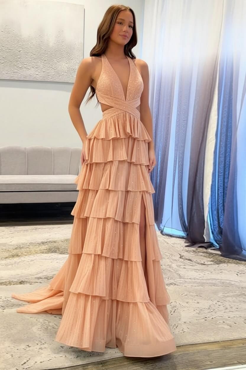Emerald Green Prom Dress Tiered A-Line Halter Long Formal Dress With Slit
