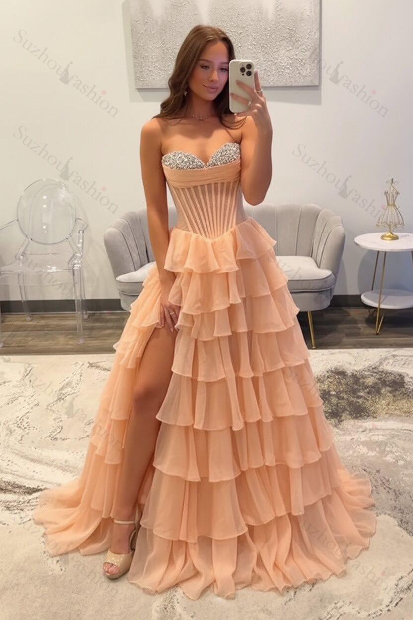Ruffled Black Prom Dress A Line Corset Long Formal Dress With Beadings