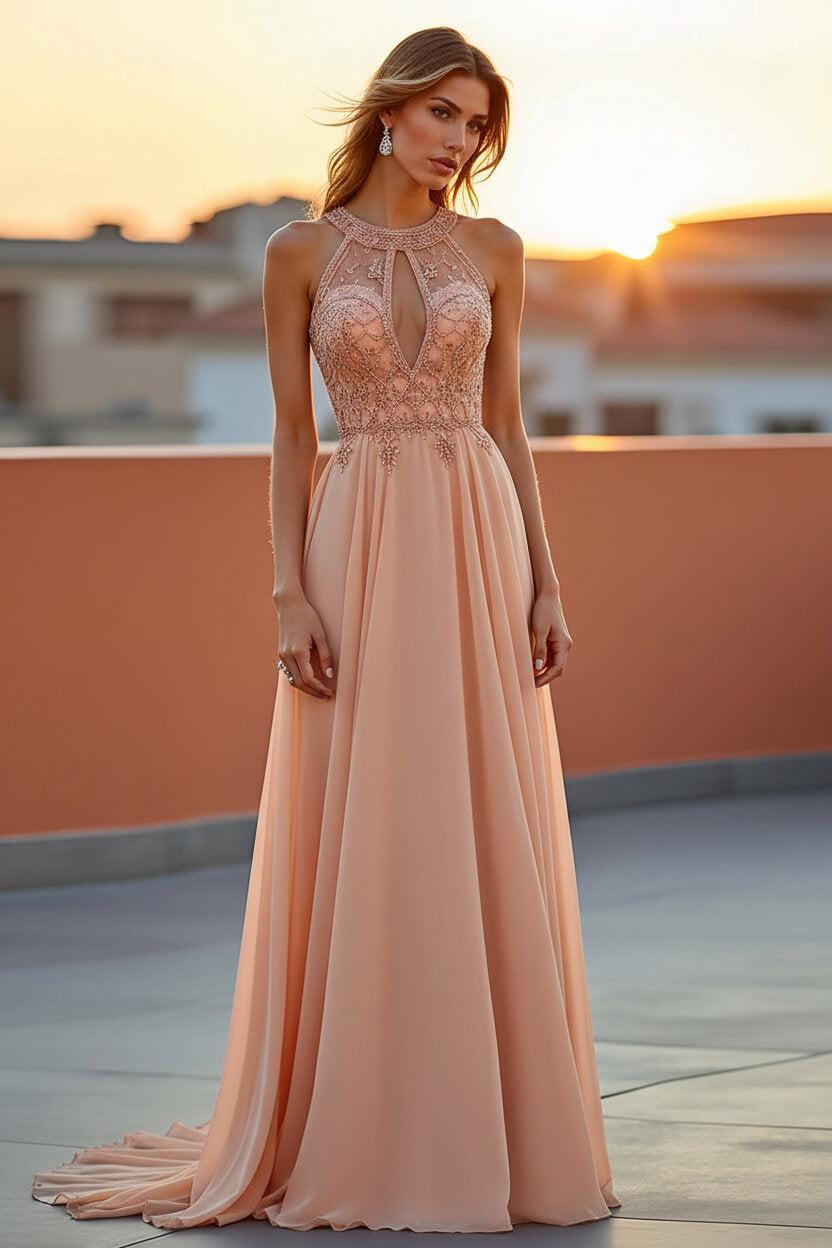 Beaded Navy Wedding Guest Dress Halter Long Formal Dress With Embroideries