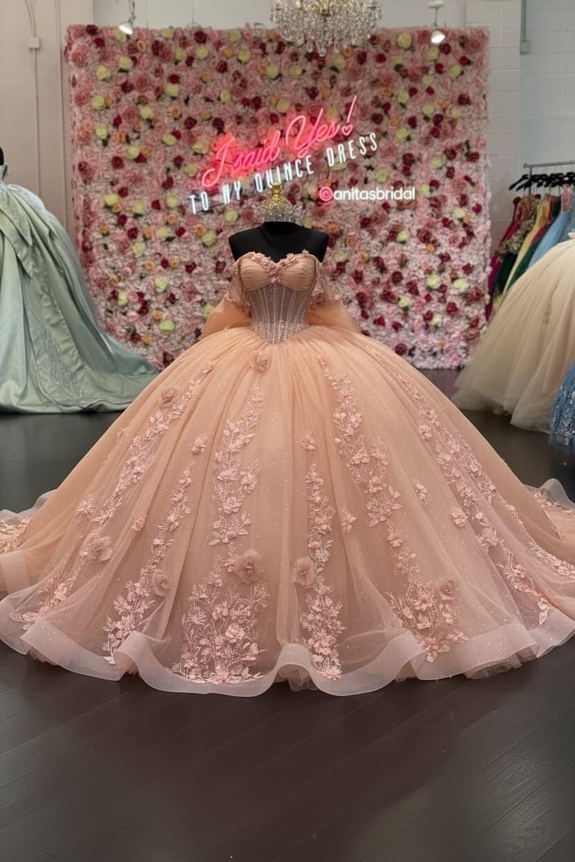 Ball Gown Off Shoulder Sleeveless Pleated 3D Flowers Applique Bow Knot Sparkly Pink Tulle Quinceanera Dress Birthday Party Dress Evening Formal Gown For Sweet 16