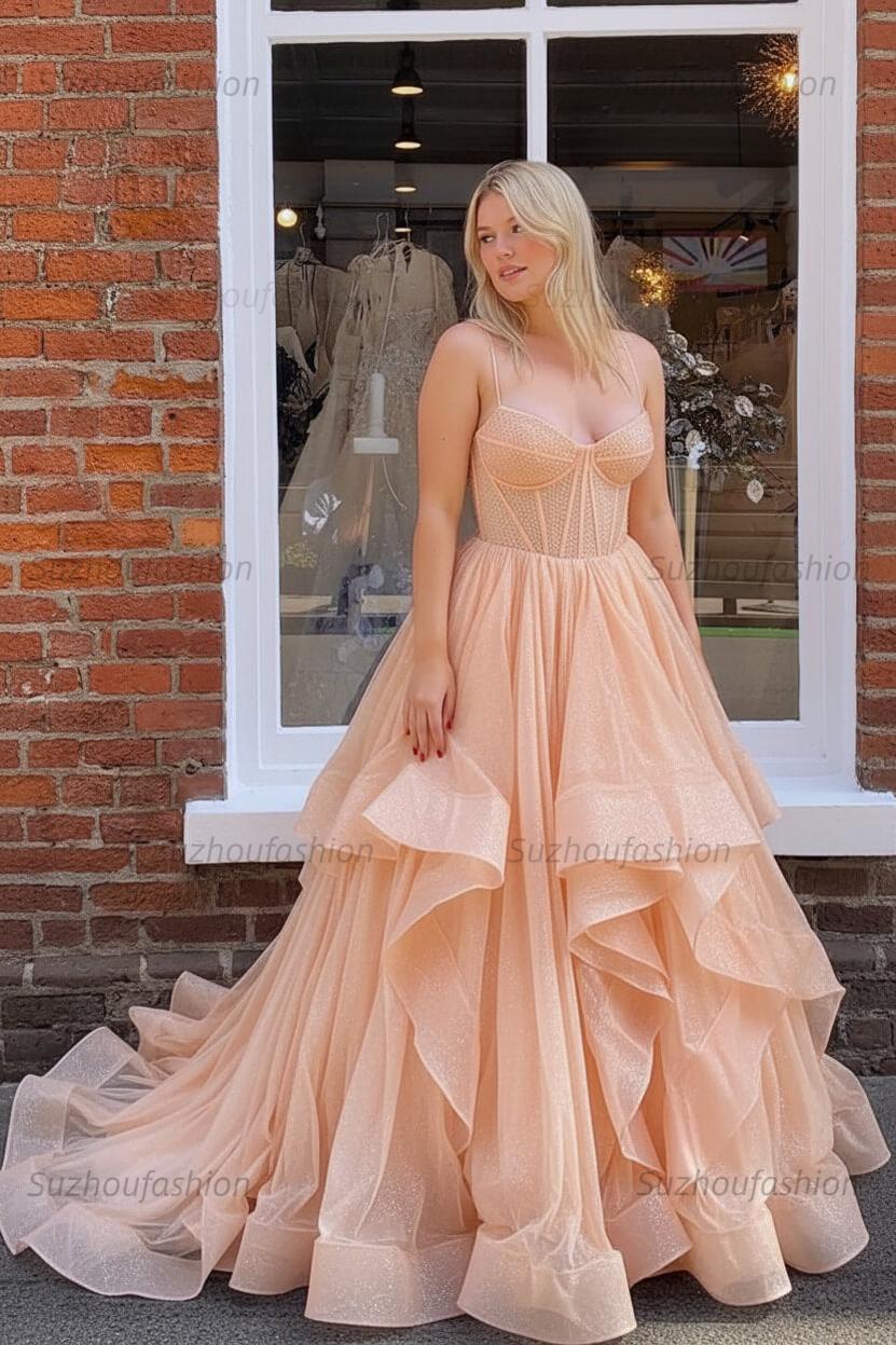 Dark Green A Line Long Corset Prom Dress With Ruffles