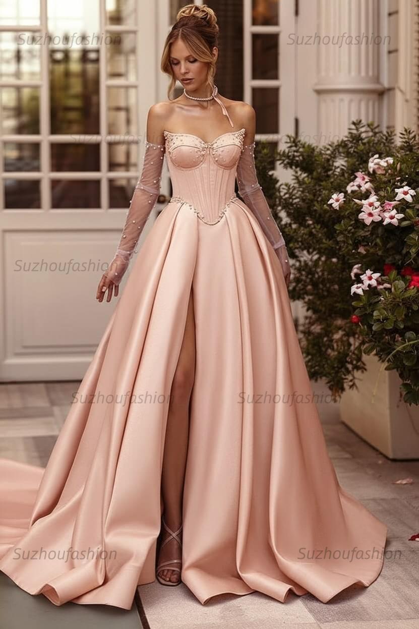 Lilac Prom Dress Beaded A Line Sweetheart Corset Evening Dress with Slit