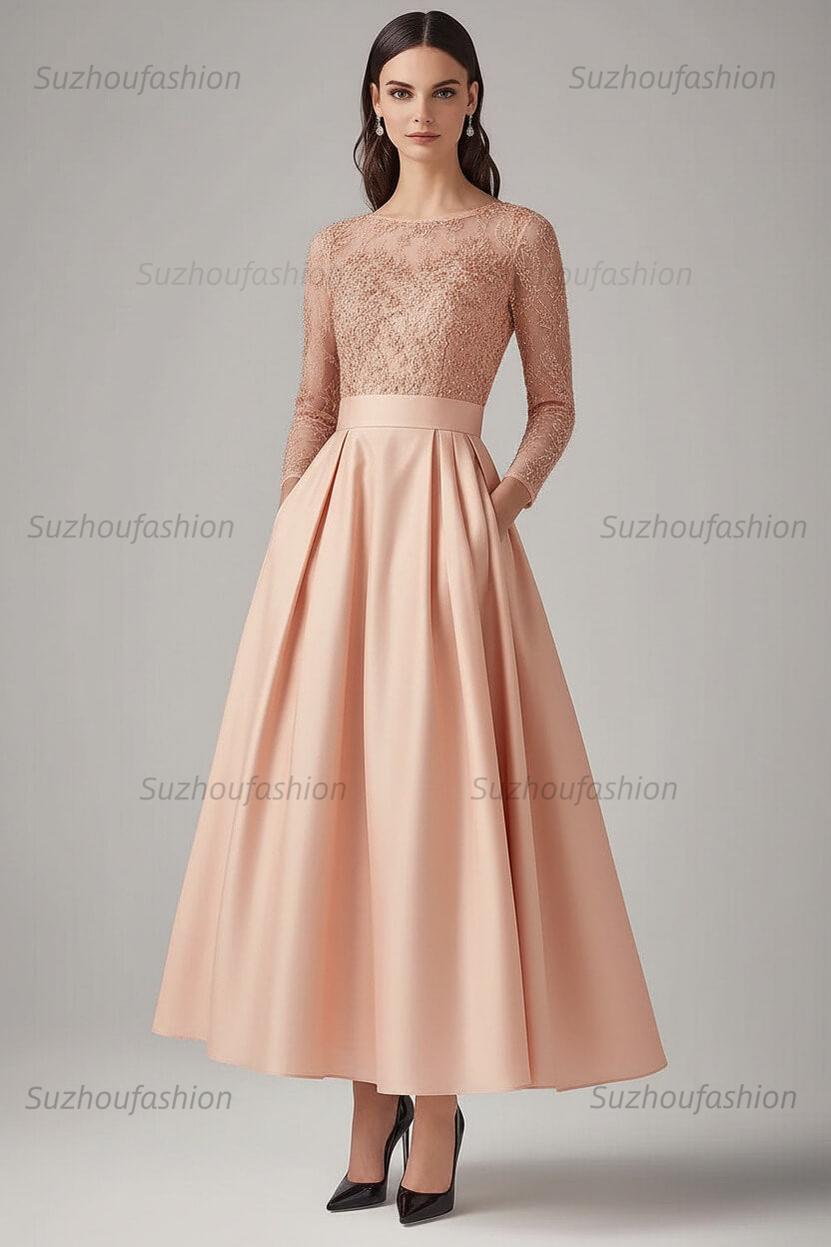 Navy Wedding Guest Dress Beaded A Line Long Sleeves Formal Dress With Lace