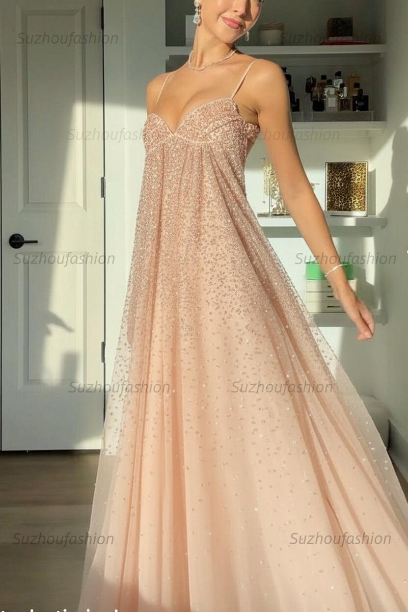 Suzhoufashion Bling A Line Spaghetti Straps Grey Blue Long Party Dress With Beading Formal Evening Gown