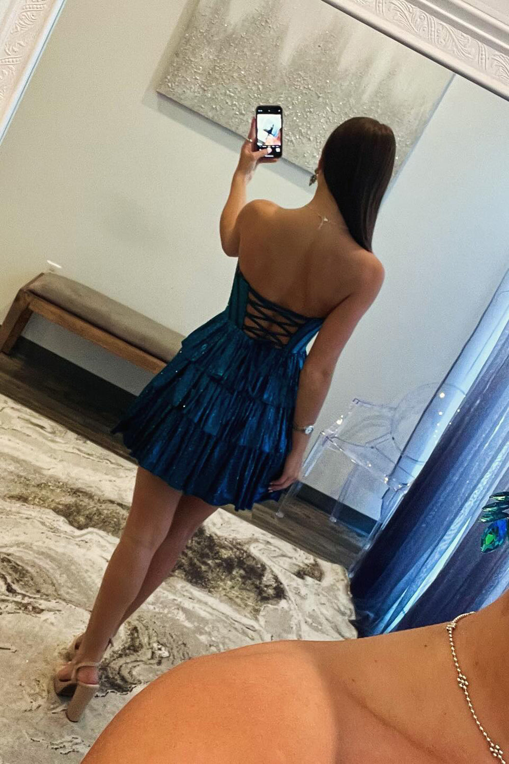 Peacock Blue Homecoming Dresses Sweetheart Ruffled Short Cocktail Dresses