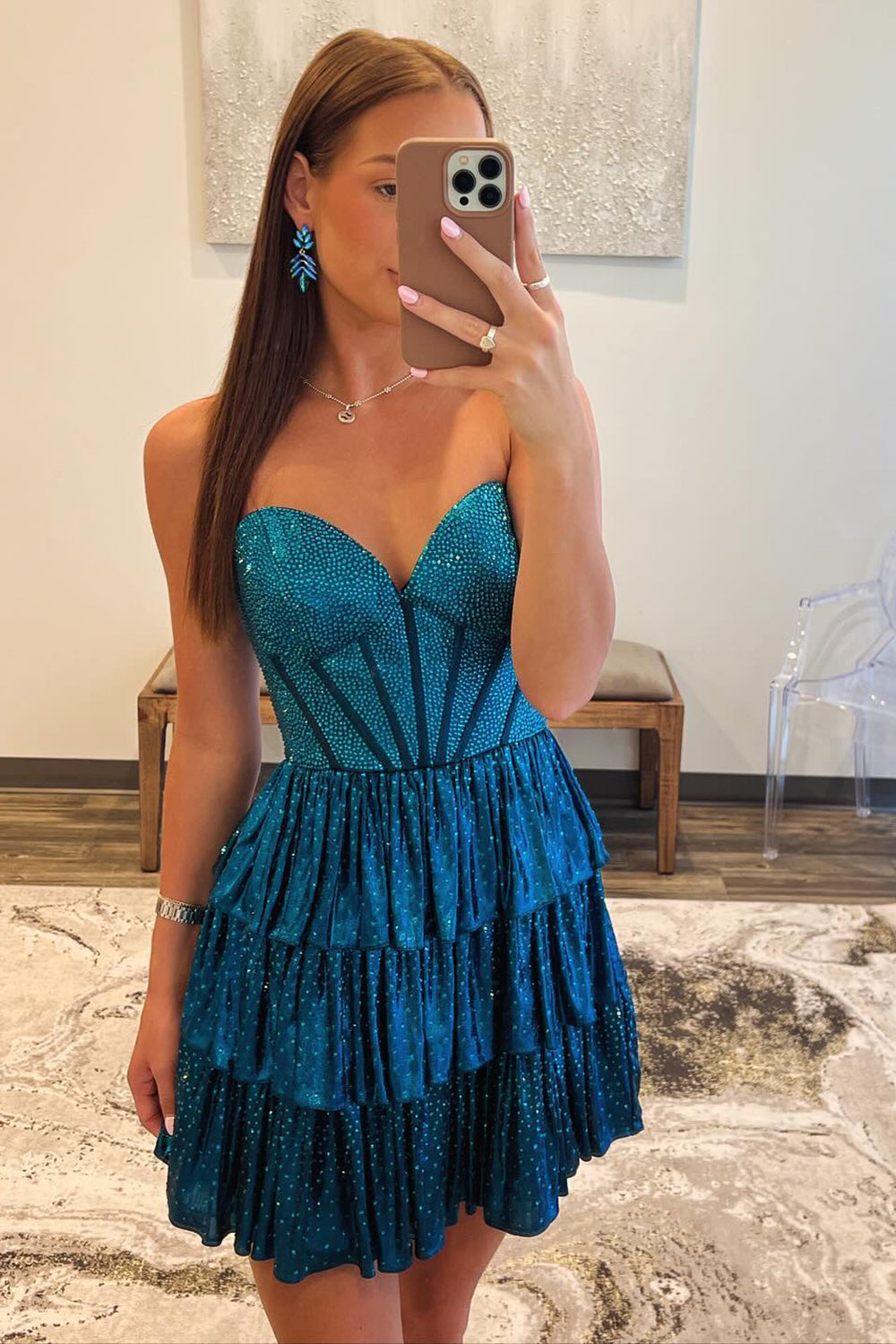 Peacock Blue Homecoming Dresses Sweetheart Ruffled Short Cocktail Dresses
