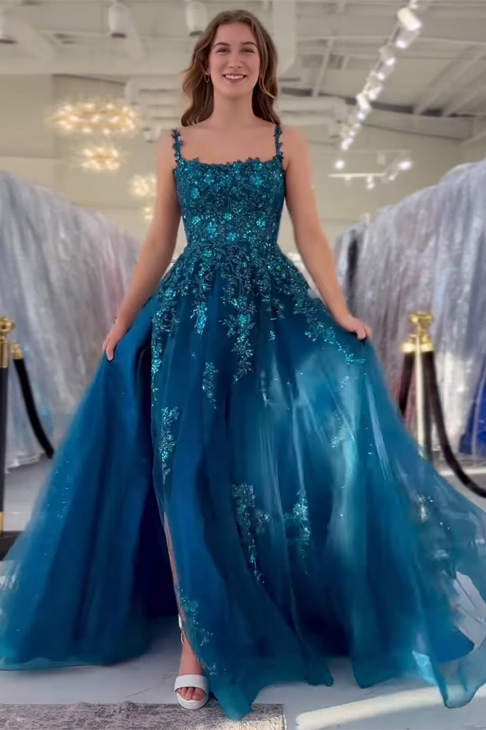 Peacock Blue Prom Dress A Line Appliqued Tulle Long Formal Dress With Slit