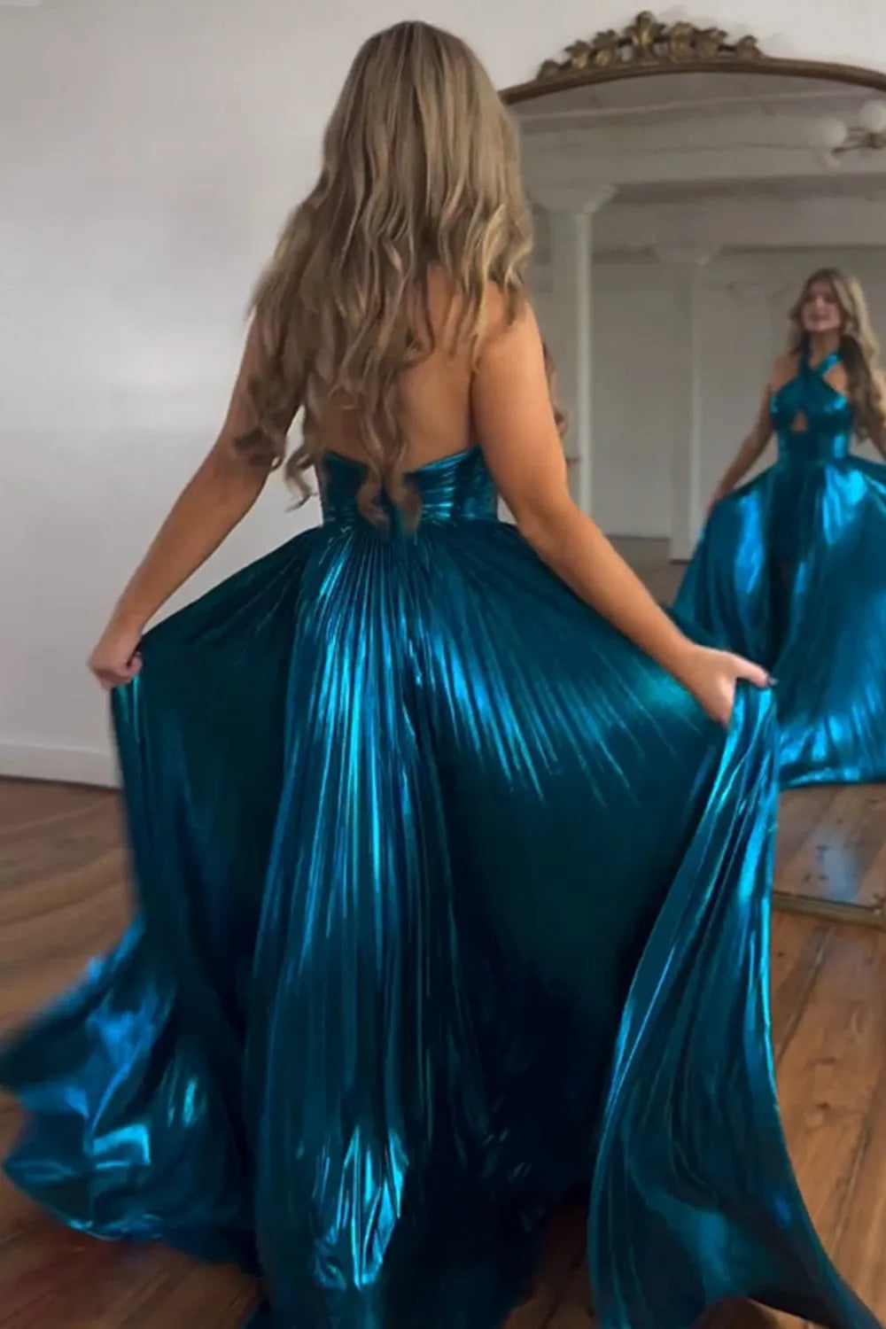 Peacock Blue Halter Neck A-Line Long Metallic Prom Dress With Slit - View 5 | VelvetHem