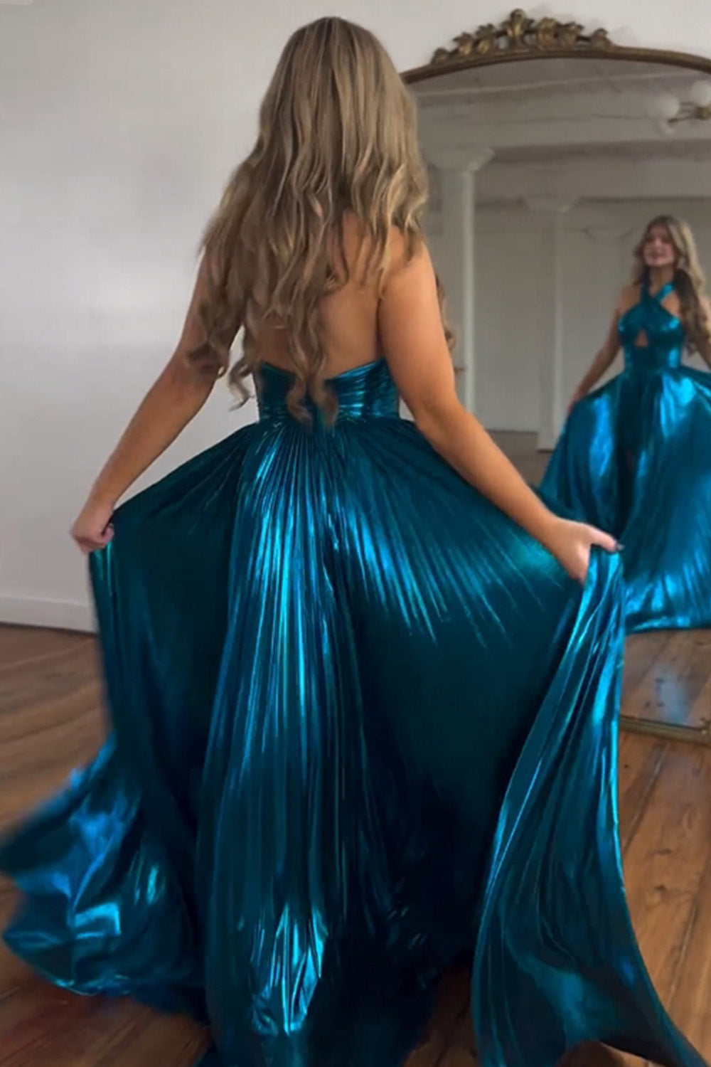 Peacock Blue Halter Neck A-Line Long Prom Dress With Split - View 2 | VelvetHem