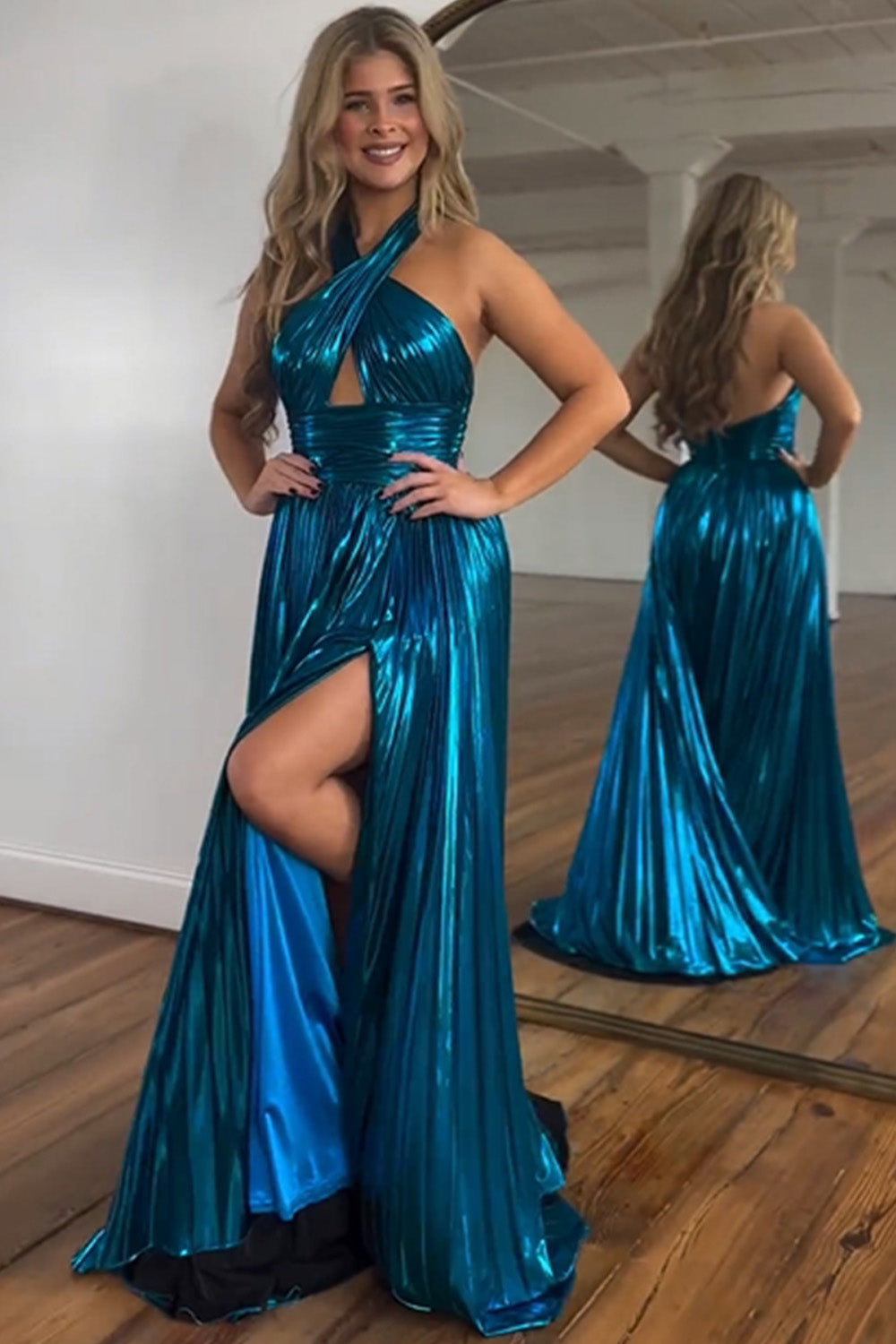 Peacock Blue Halter Neck A-Line Long Prom Dress With Split - View 3 | VelvetHem