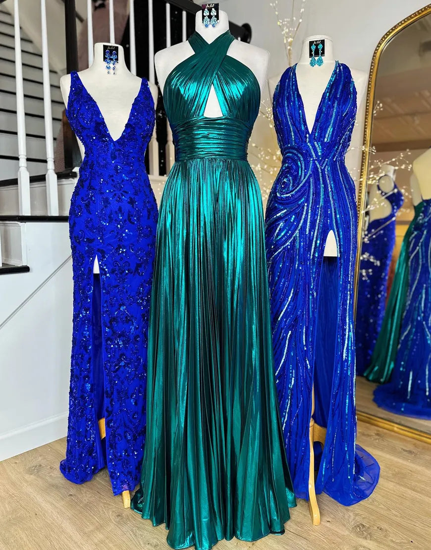 Peacock Blue Halter Neck A-Line Long Metallic Prom Dress With Slit - View 11 | VelvetHem