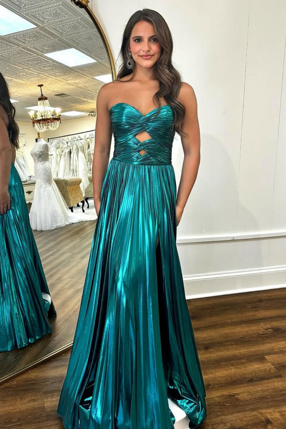 Peacock Green Sweetheart A-Line Long Pleated Metallic Prom Dress With Slit - VelvetHem