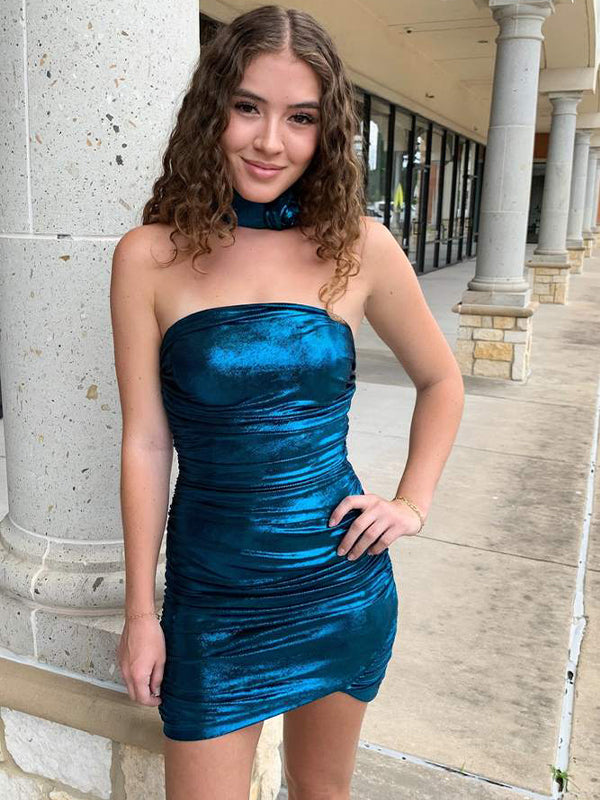 Strapless Metallic Bodycon Homecoming Dress with Flower - VelvetHem