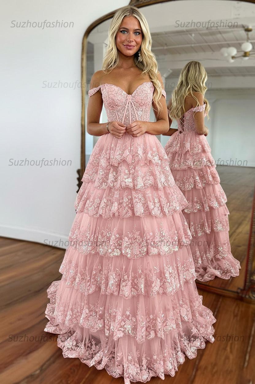 Glitter Hot Pink Corset Off the Shoulder Lace Long Prom Dress