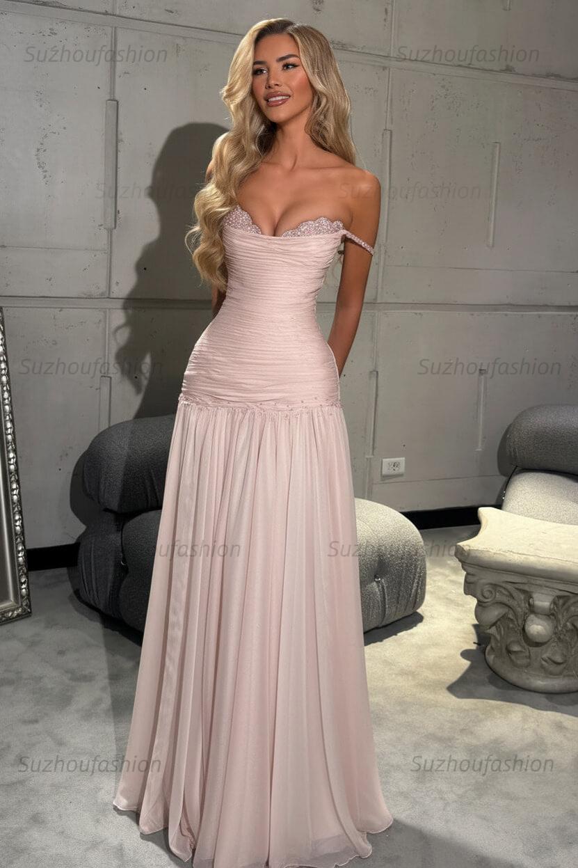 Off The Shoulder Prom Dress Sleeveless Pleated A Line Formal Evening Gown