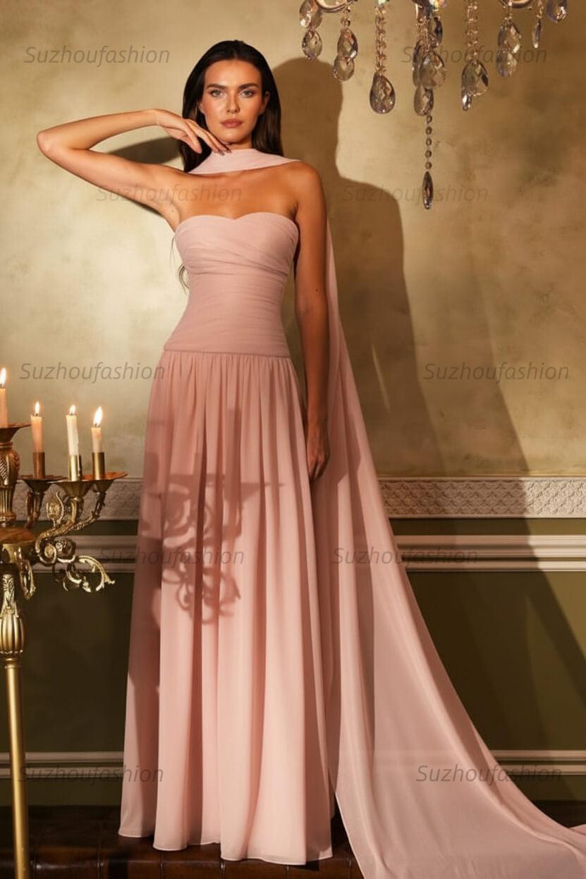 Chiffon Strapless Sleeveless Long Evening Formal Dress With Ruffled Pleated