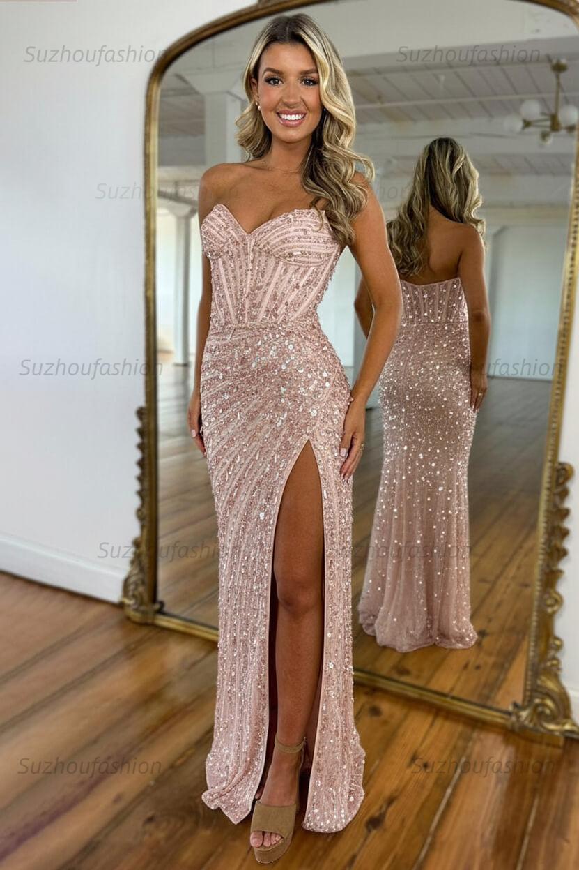Sequined Prom Dress Sweetheart Mermaid With High Slit Skirt Formal Evening Gown