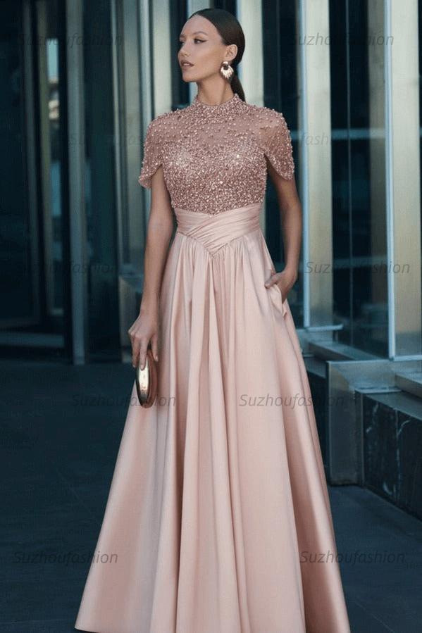 High Neck Short Sleeves Long Evening Formal Dress With Beading Pockets