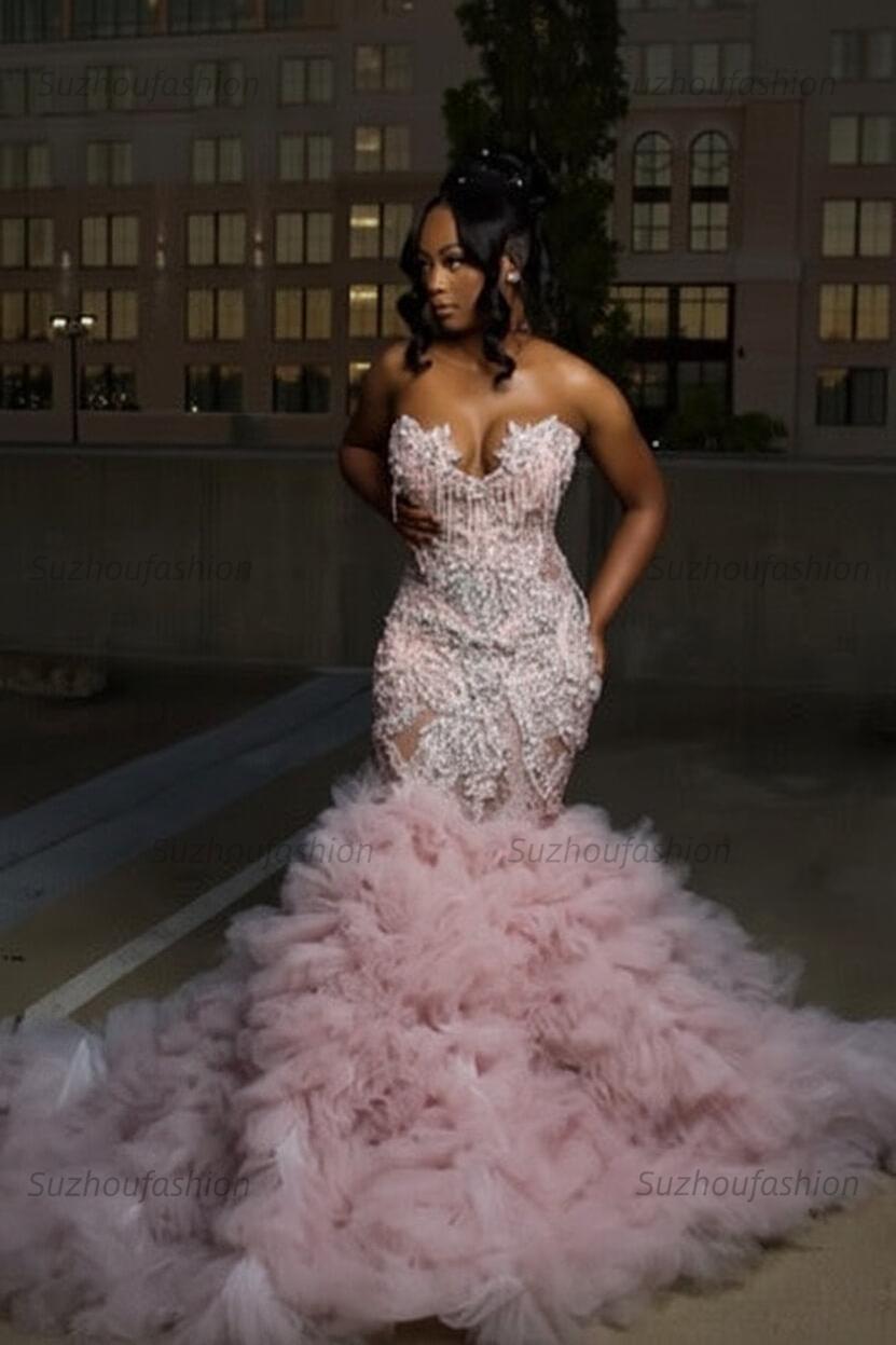 Mermaid Sweetheart Prom Dress Ruffled Sleeveless Formal Evening Gown with Rhinestones and Beadings