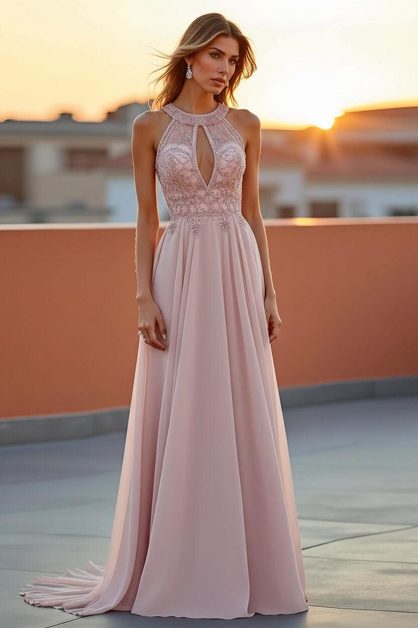 Beaded Navy Wedding Guest Dress Halter Long Formal Dress With Embroideries