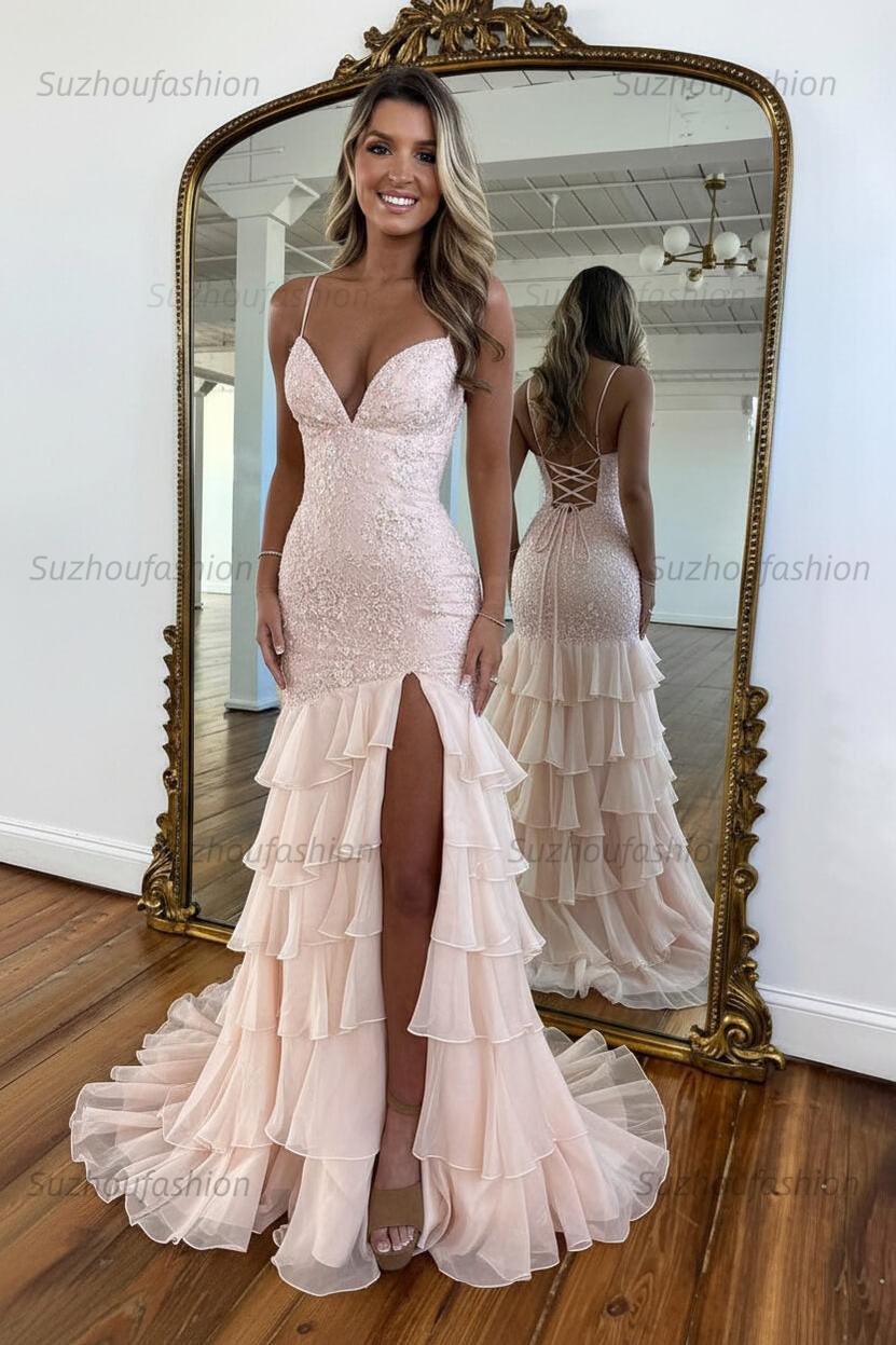 Suzhoufashion Mermaid Spaghetti Straps Lace Up Long Prom Dress With Ruffle Skirt Formal Evening Gown