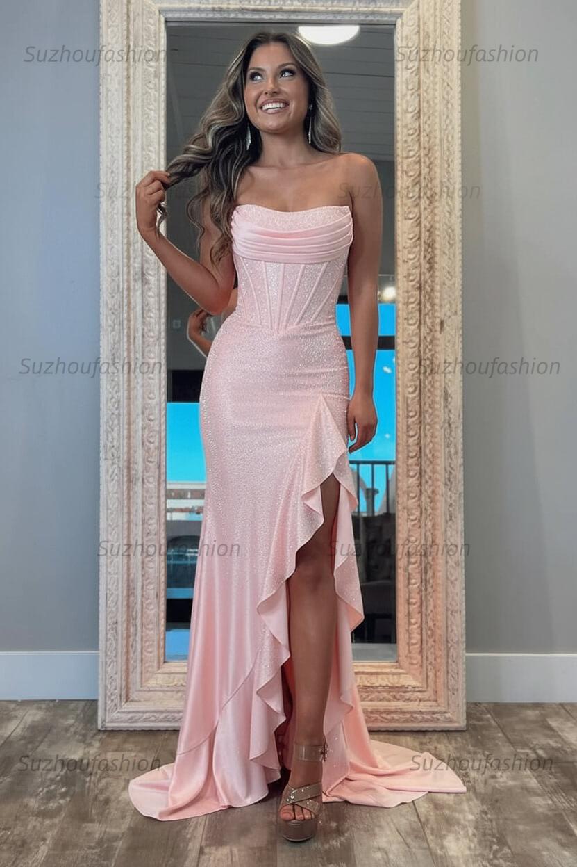 Hot Pink Beaded Prom Dress Corset Ruffled Strapless Formal Dress With Slit