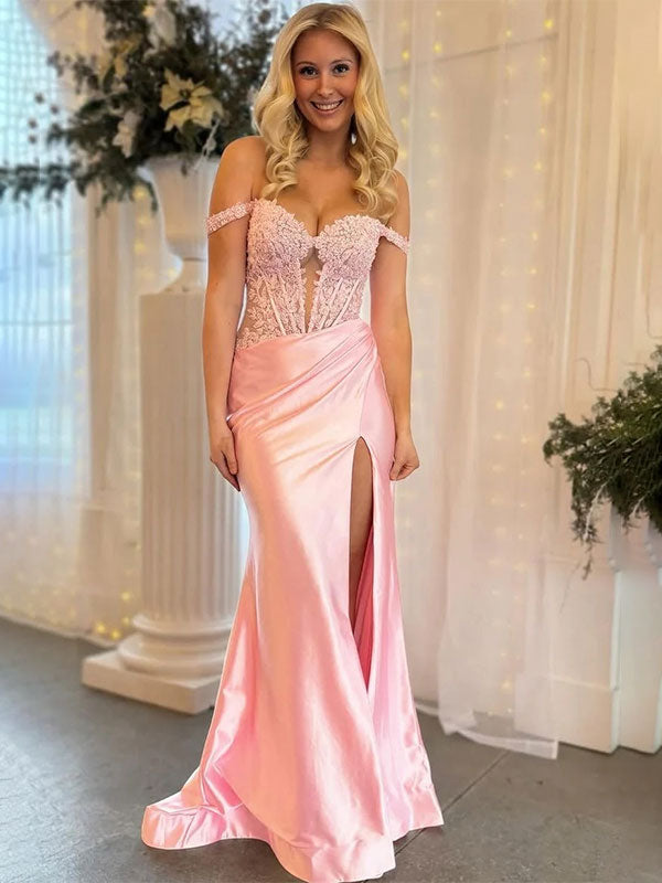 Pink Mermaid Off-Shoulder Sweetheart Appliques Pleated Prom Dress with Slit - VelvetHem