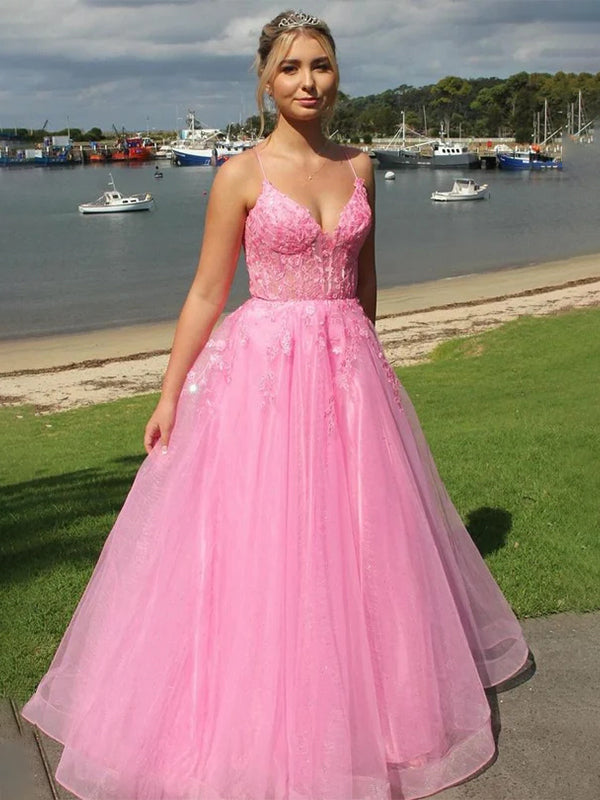 Pink A-Line V-Neck Spaghetti Straps Long Prom Dress with Appliques - VelvetHem