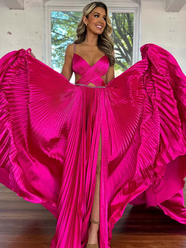 Fuchsia A Line Sequin Strap Pleated Long Prom Dress with Keyhole