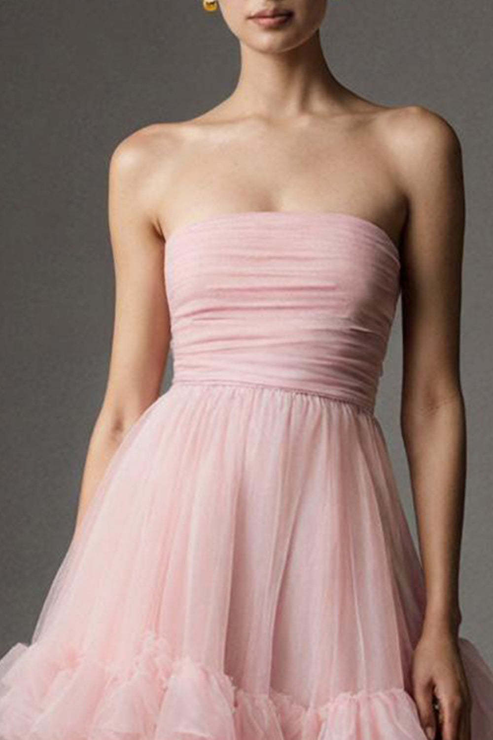 Suzhoufashion Pink A Line Organza Strapless Ruffled Long Prom Dress