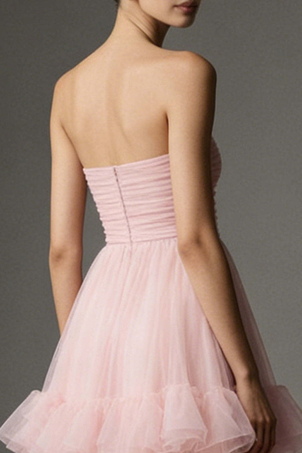 Suzhoufashion Pink A Line Organza Strapless Ruffled Long Prom Dress