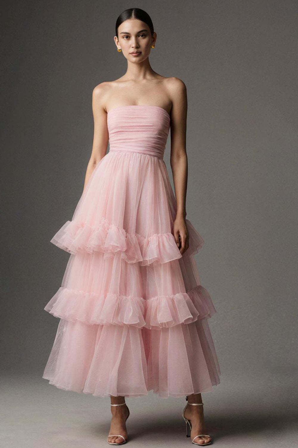 Suzhoufashion Pink A Line Organza Strapless Ruffled Long Prom Dress