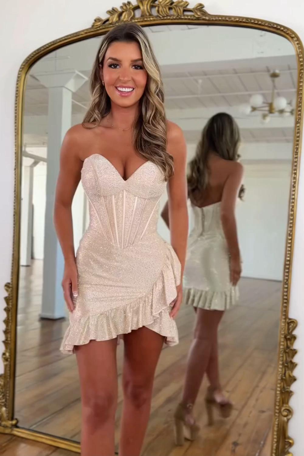 Pink Beaded Homecoming Dresses Corset Ruffled Short Tight Cocktail Dresses