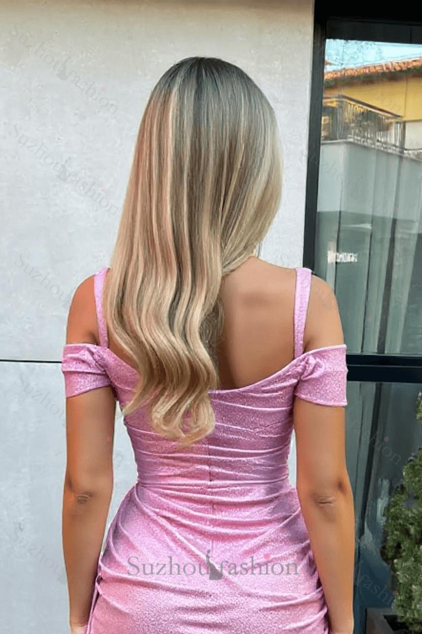 Pink Cold Shoulder Homecoming Dress Sequined Cocktail Dress with Panel Train