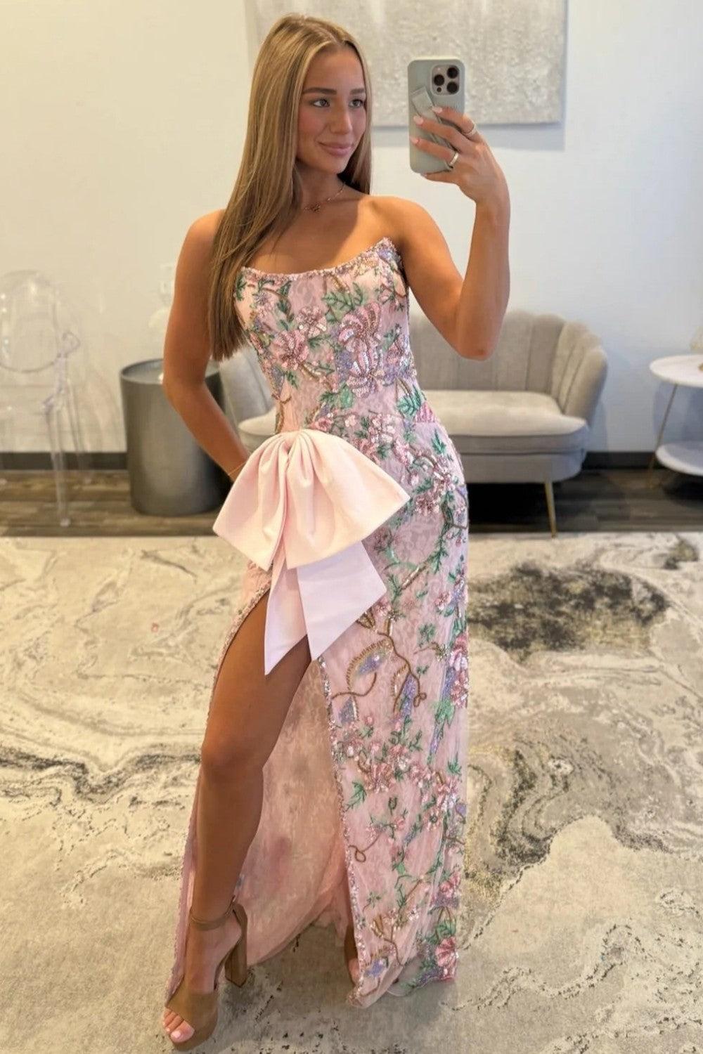 Pink Floral Embroidered Strapless Corset Prom Dress With Bow Detail And High Slit Formal Evening Gown