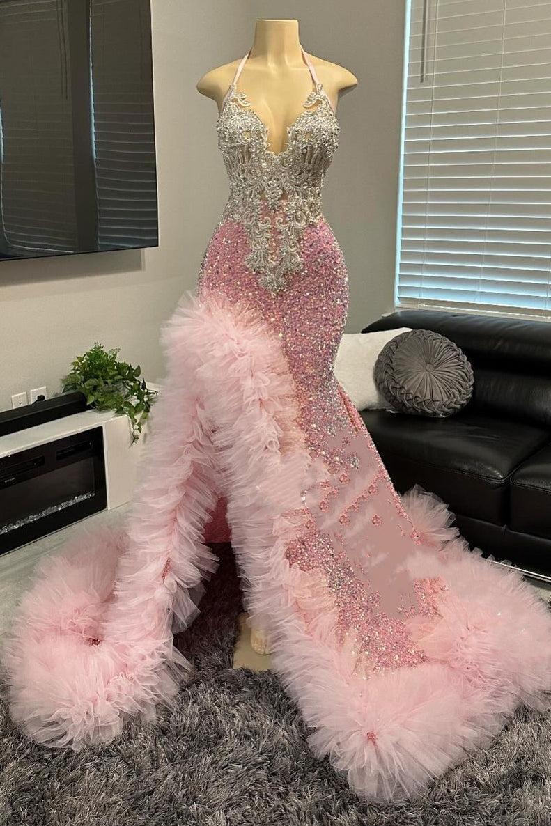 Pink Halter Prom Dress Tulle Ruffles High Split Formal Evening Party Dress