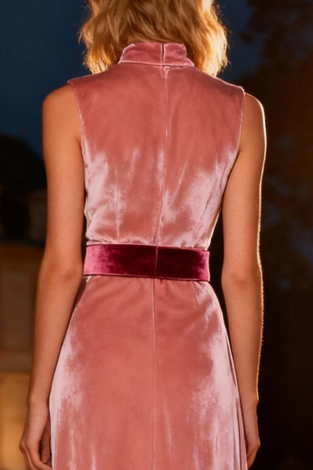 Suzhoufashion Pink High Neck A-Line Long Velvet Holiday Party Dress With Belt