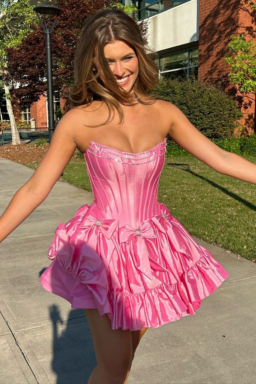 Pink Homecoming Dresses A Line Corset Strapless Short Cocktail Dresses With Bows