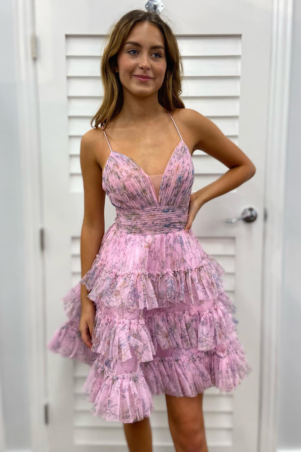 Pink Homecoming Dresses A Line Ruffled Spaghetti Straps Short Cocktail Dresses
