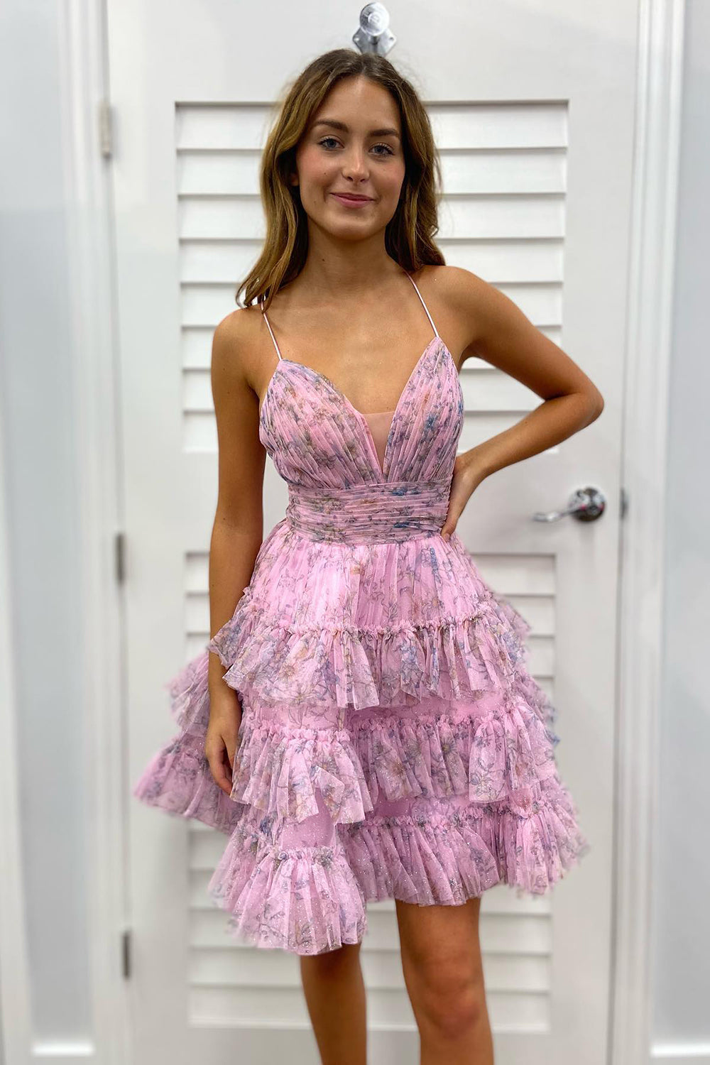 Pink Homecoming Dresses A Line Ruffled Spaghetti Straps Short Cocktail Dresses