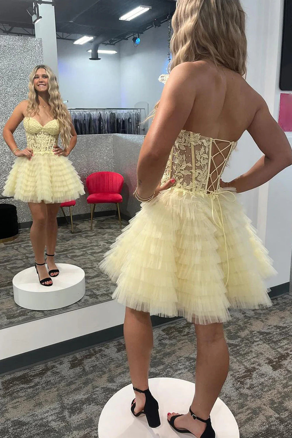 Pink Homecoming Dresses A Line Strapless Tiered Short Cocktail Dresses With Appliques