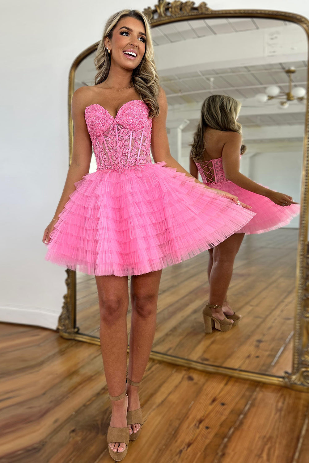 Pink Homecoming Dresses A Line Strapless Tiered Short Cocktail Dresses With Appliques