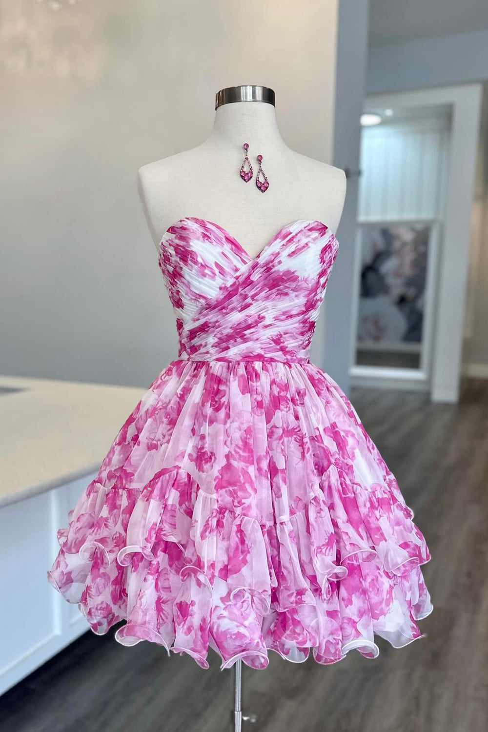 Pink Homecoming Dresses Floral A Line Tiered Short Cocktail Dresses
