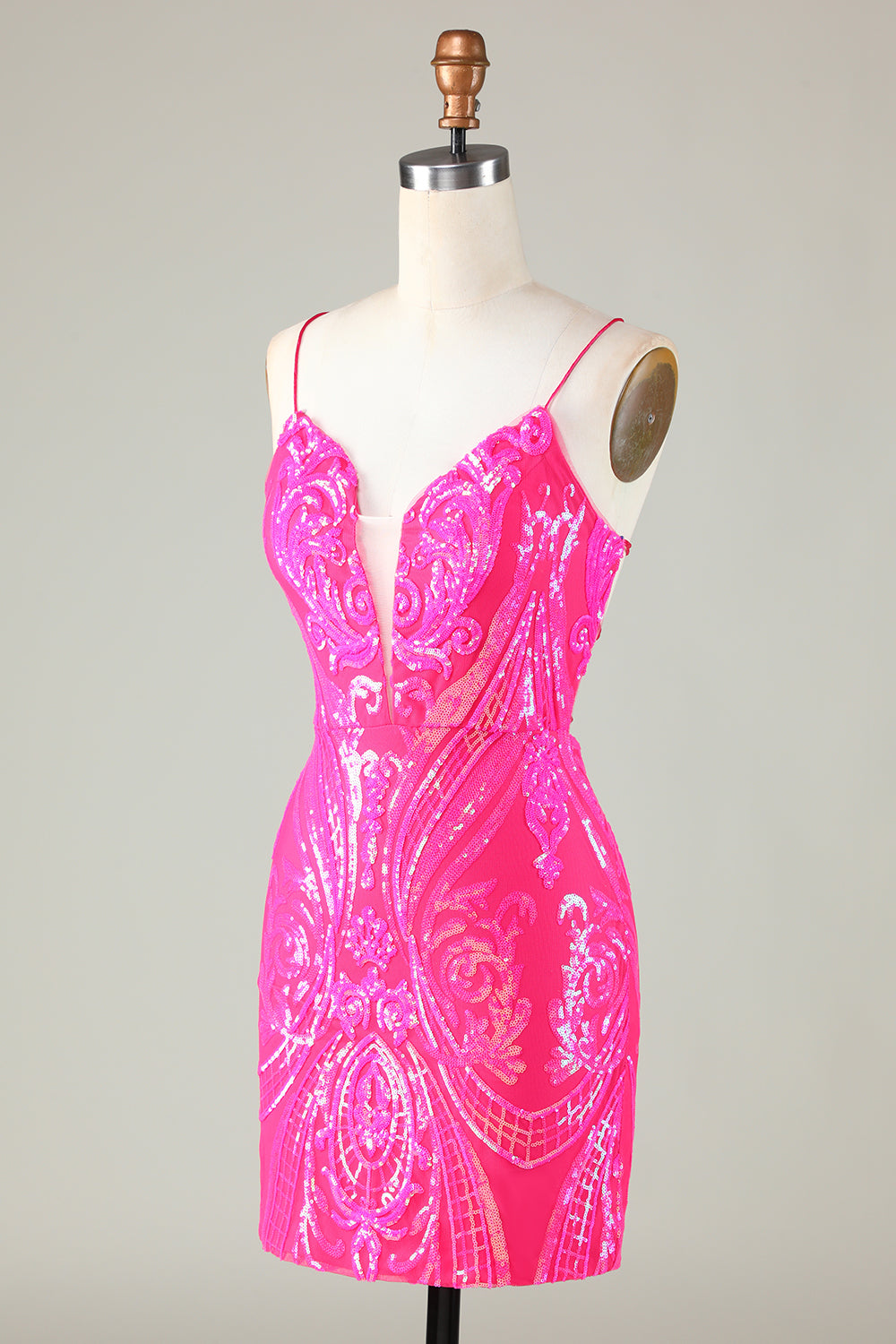 Pink Homecoming Dresses Spaghetti Straps Backless Tight Sequin Short Cocktail Dresses